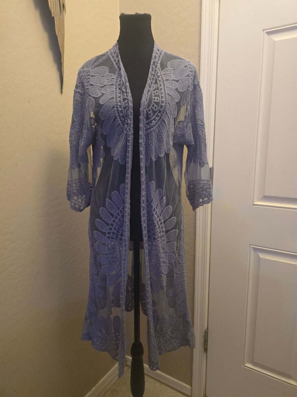 Accessory St Blue Embroidered Lace Sheer Duster Kimono Cardigan